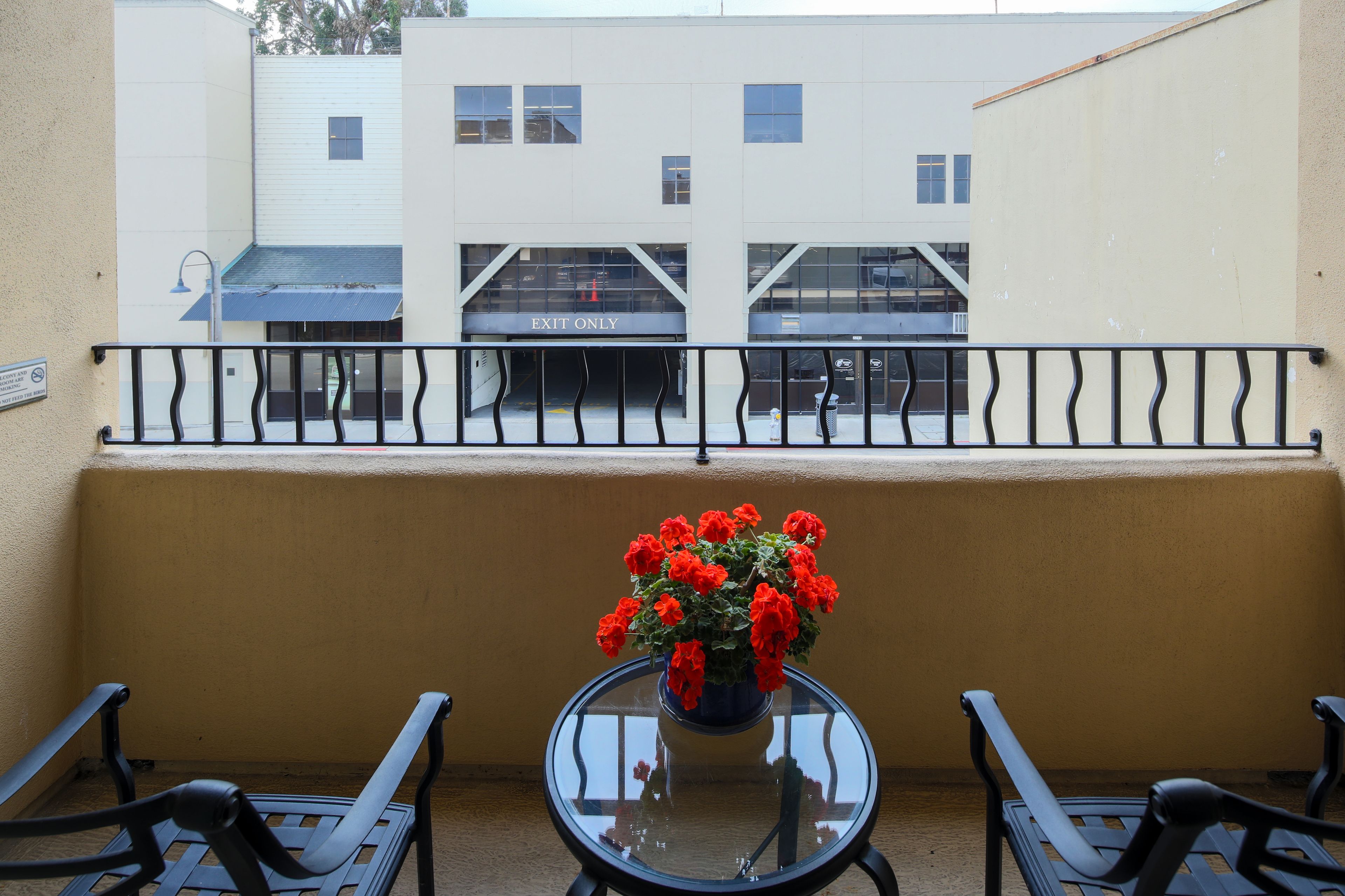 A balcony with a glass table and chairs, a potted plant with red flowers, and a building with 'EXIT ONLY' signs.