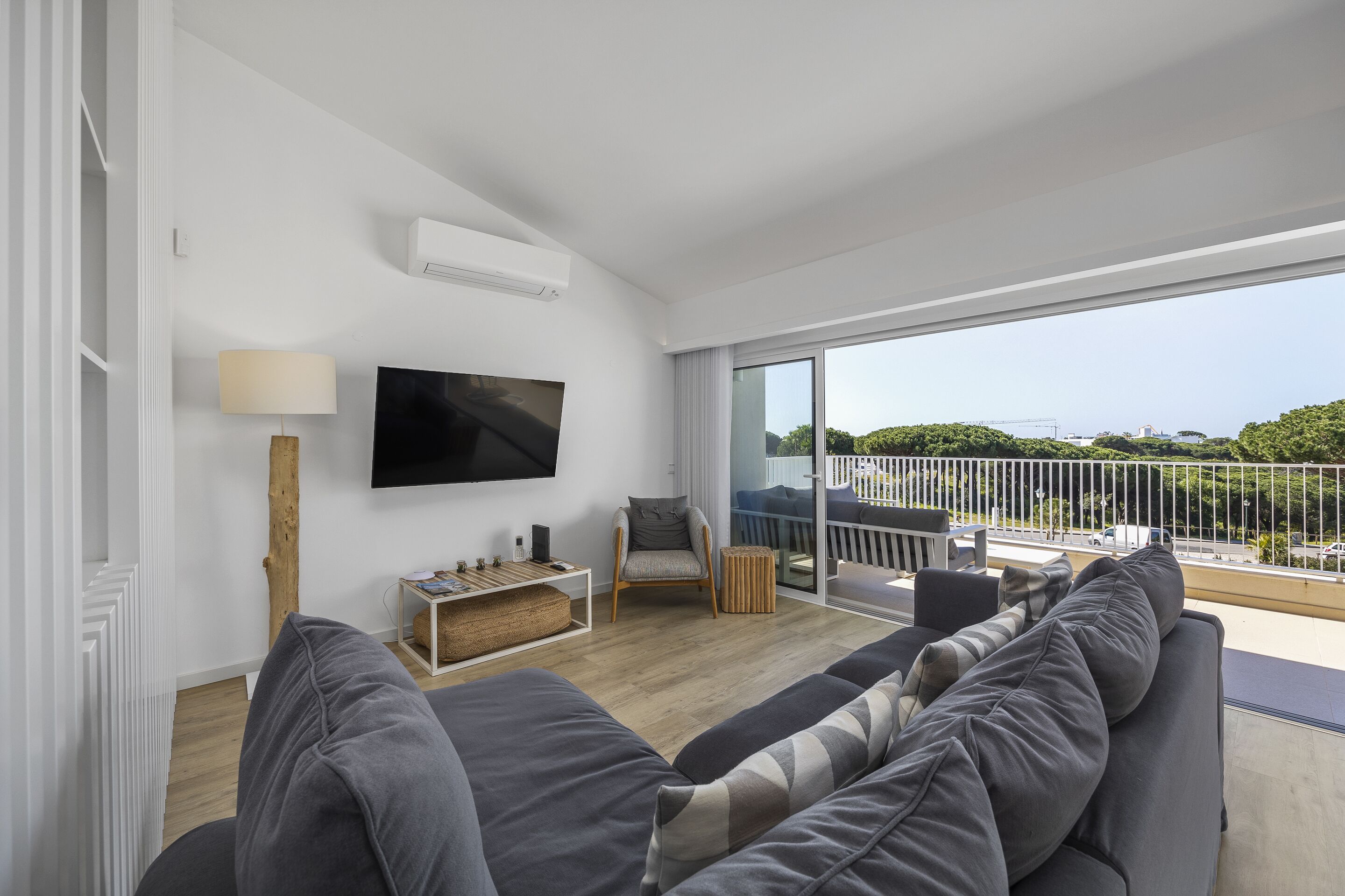 Ein modernes Wohnzimmer mit grauem Sofa, Flachbildfernseher und Couchtisch aus Holz.