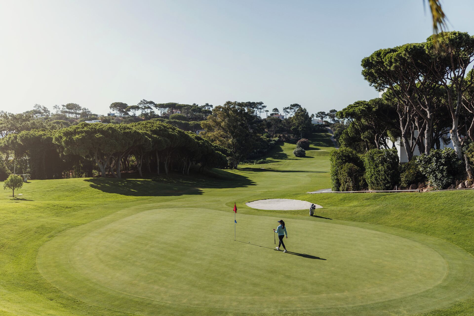 Ein Golfplatz mit gepflegtem Grün, Sandbunkern und hohen Bäumen.