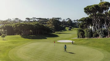 Un campo de golf con un césped impecable, bunkers de arena y altos árboles.