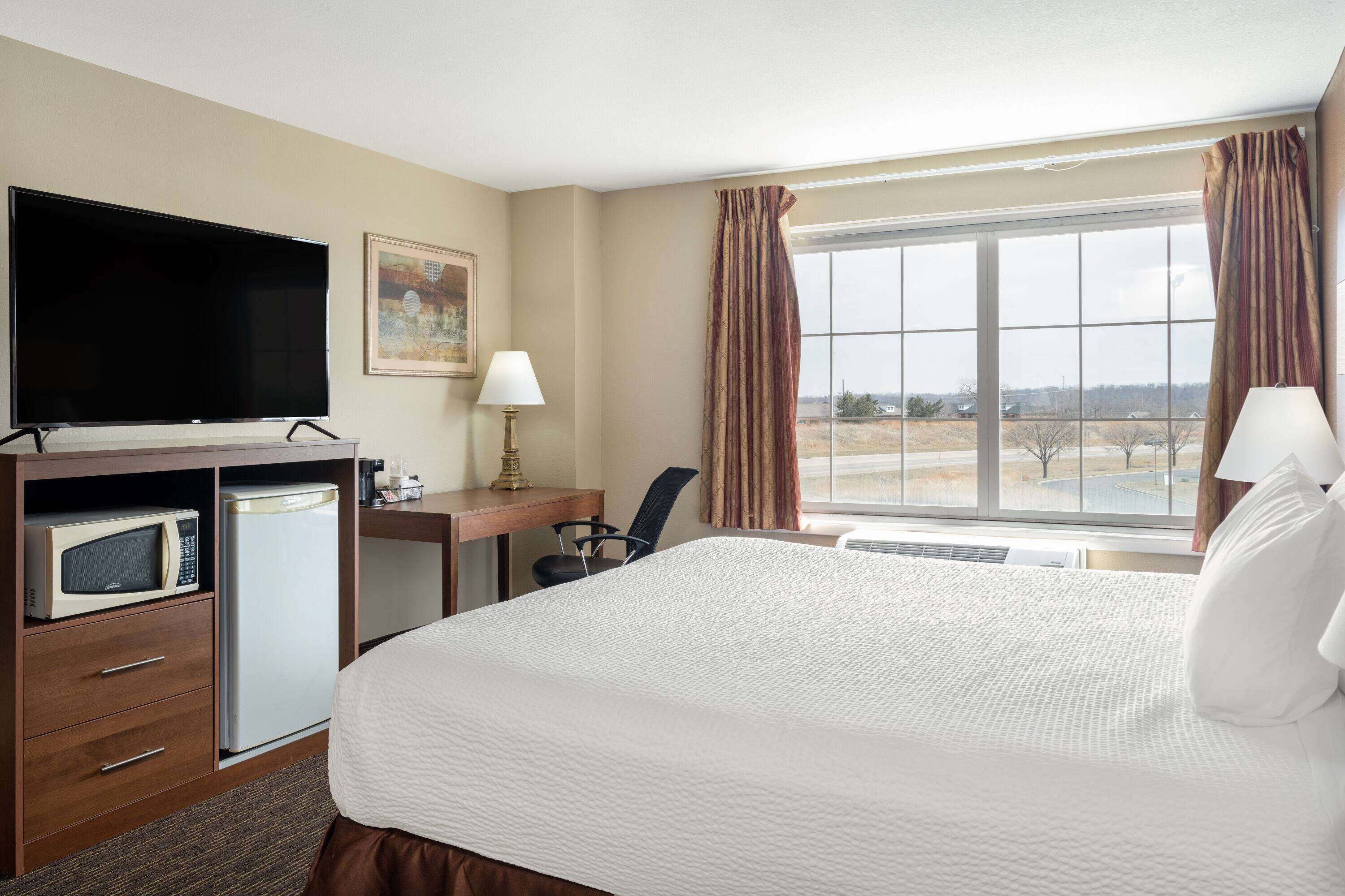 A hotel room with a bed, a desk, a television, a microwave, and a refrigerator.