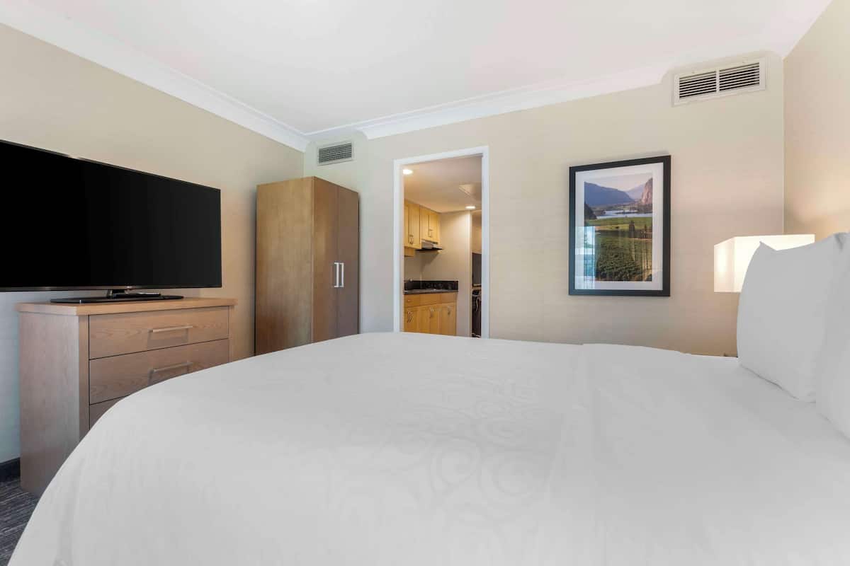 Premium bedding, desk, laptop workspace, blackout curtains