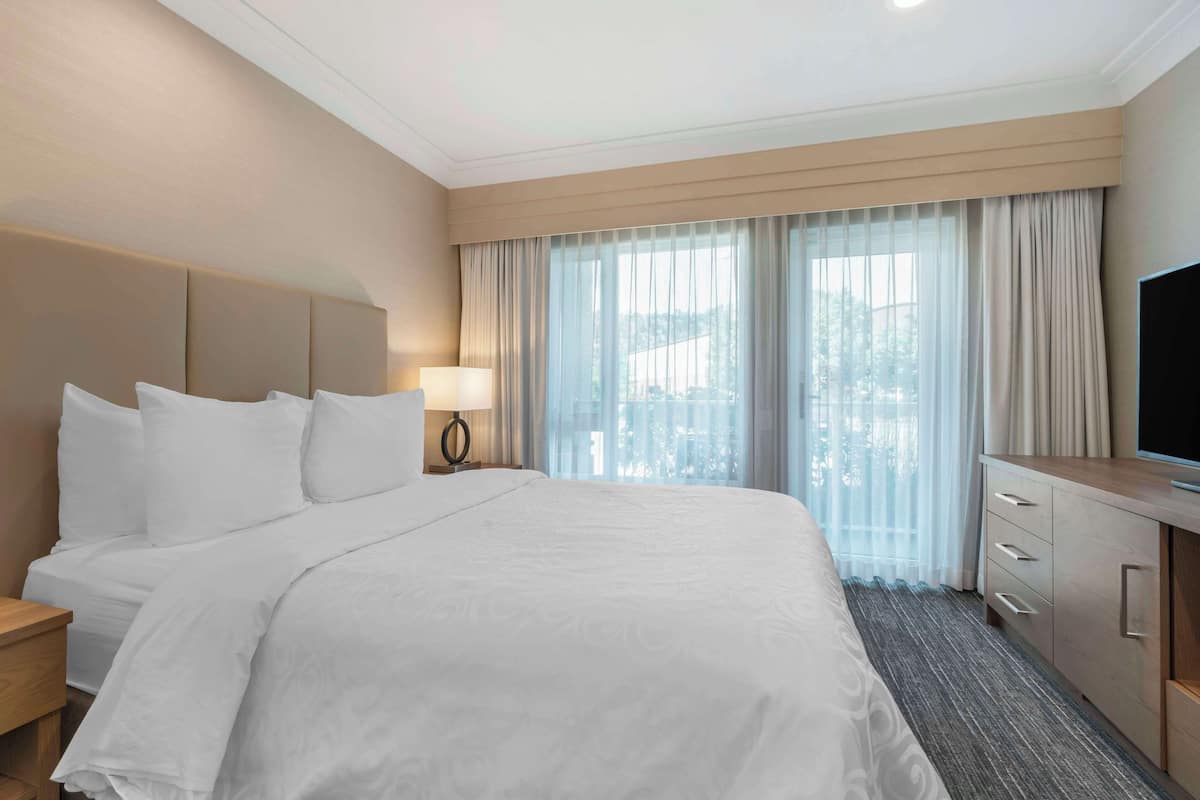 Premium bedding, desk, laptop workspace, blackout curtains