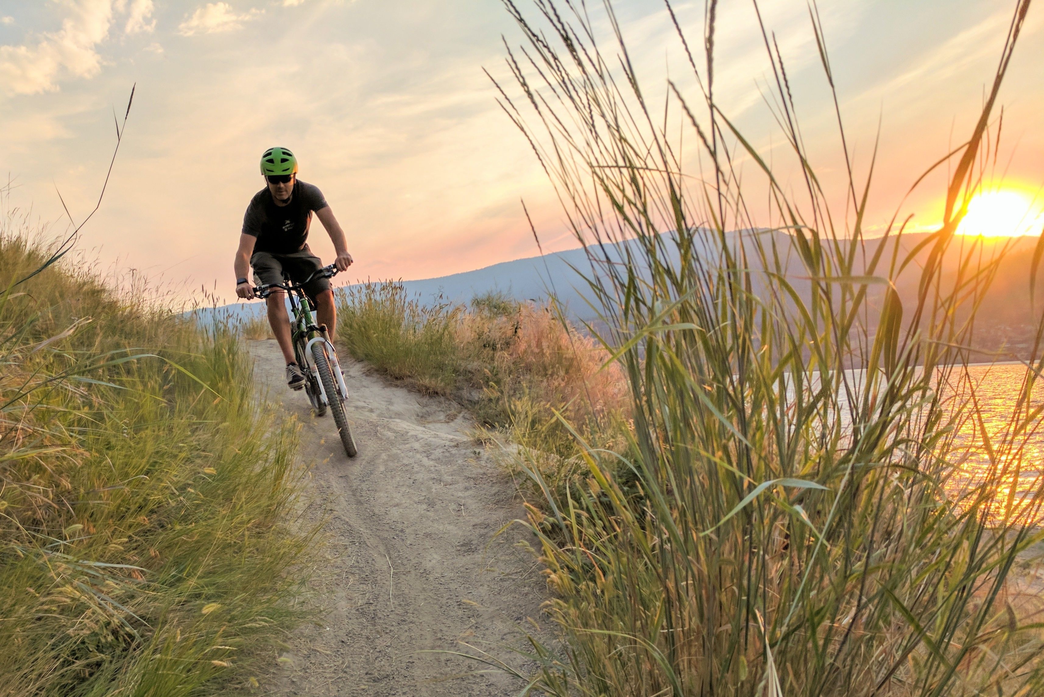 A cyclist on a dirt path with tall grass and a sunset in the background.
