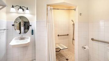 Une salle de bain équipée d’un lavabo, d’un miroir, d’une douche et de toilettes.