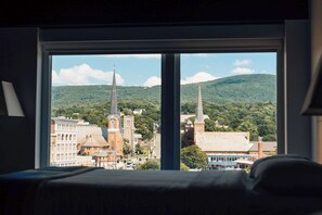 Hypo-allergenic bedding, laptop workspace, blackout drapes