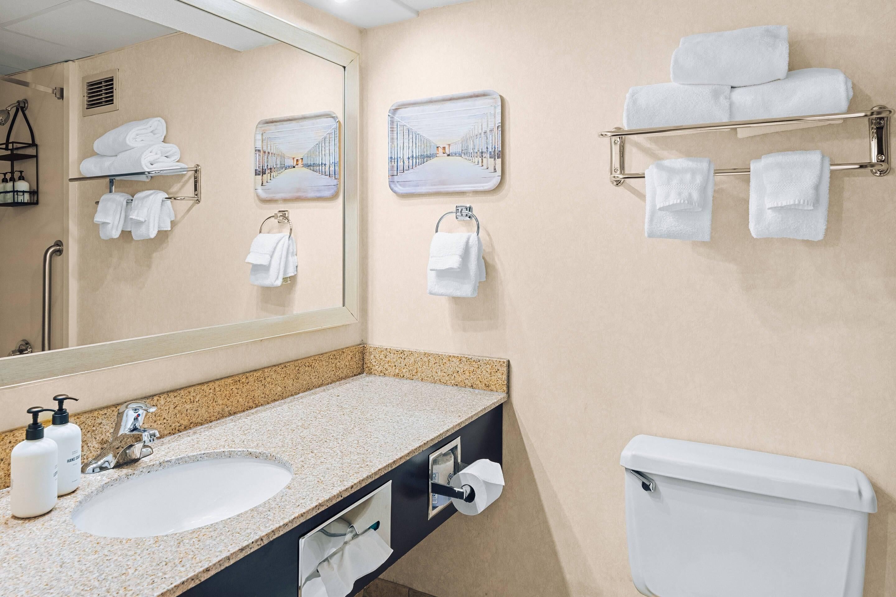 A bathroom with a sink, mirror, towel racks, and a toilet.