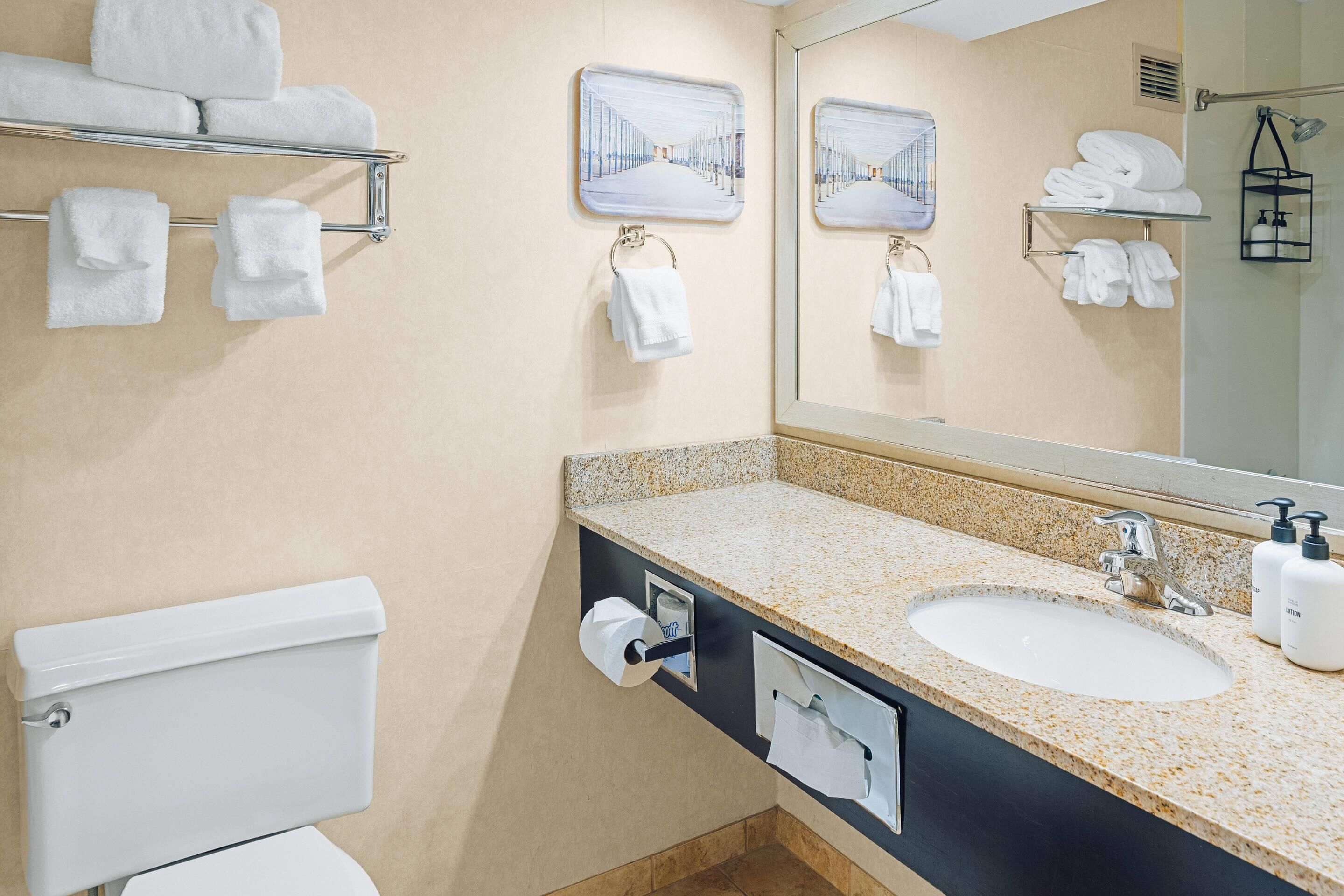 Ein modernes Badezimmer mit Toilette, Waschbecken und Handtuchhalter.