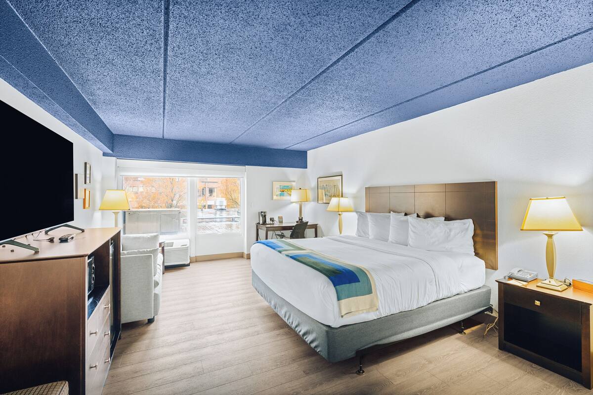 A hotel room with a bed, bedside tables, a desk, a TV, and a window with a view.