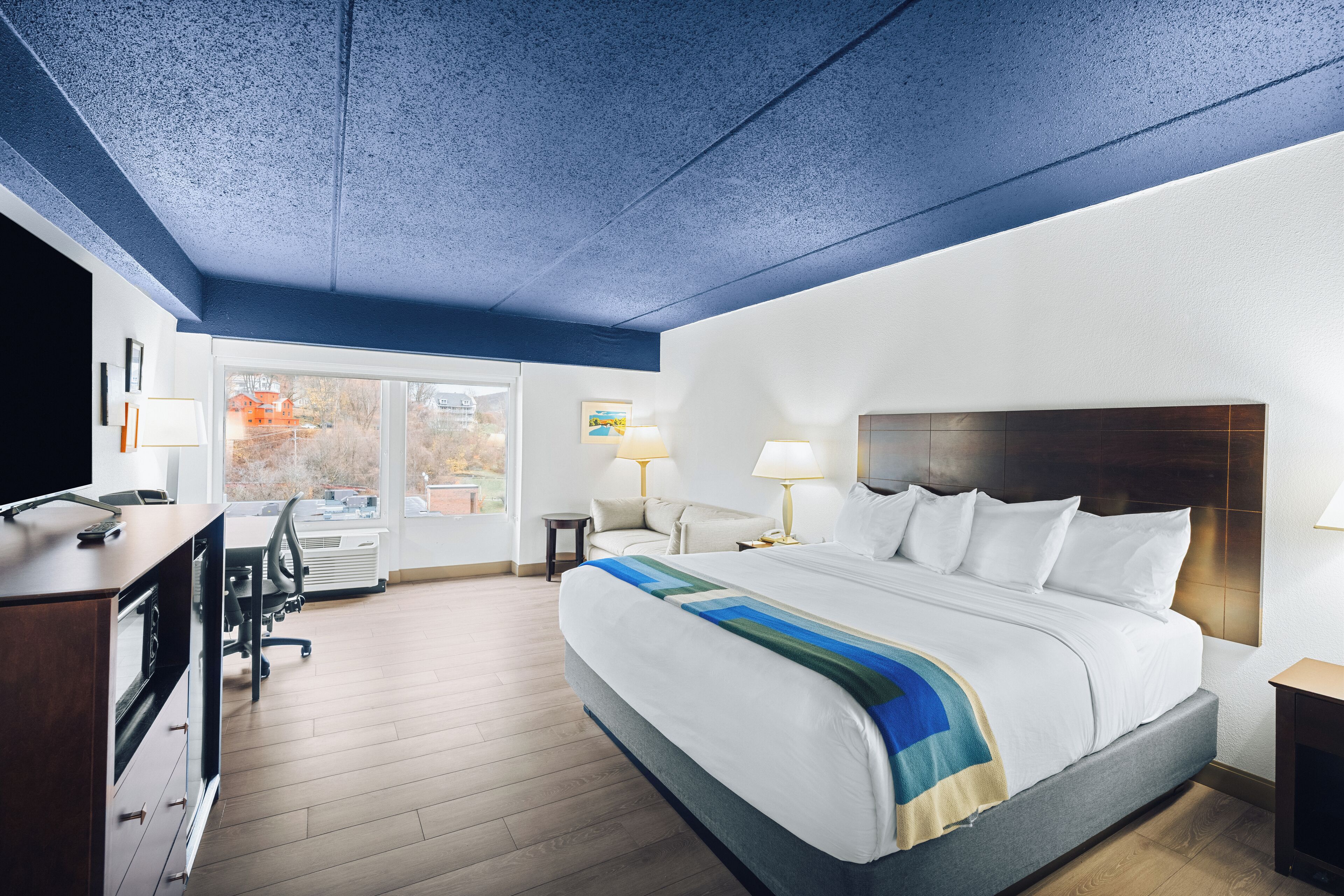 Hypo-allergenic bedding, desk, laptop workspace, blackout drapes