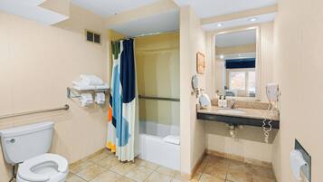 A bathroom with a toilet, shower, bathtub, and a sink with a mirror.
