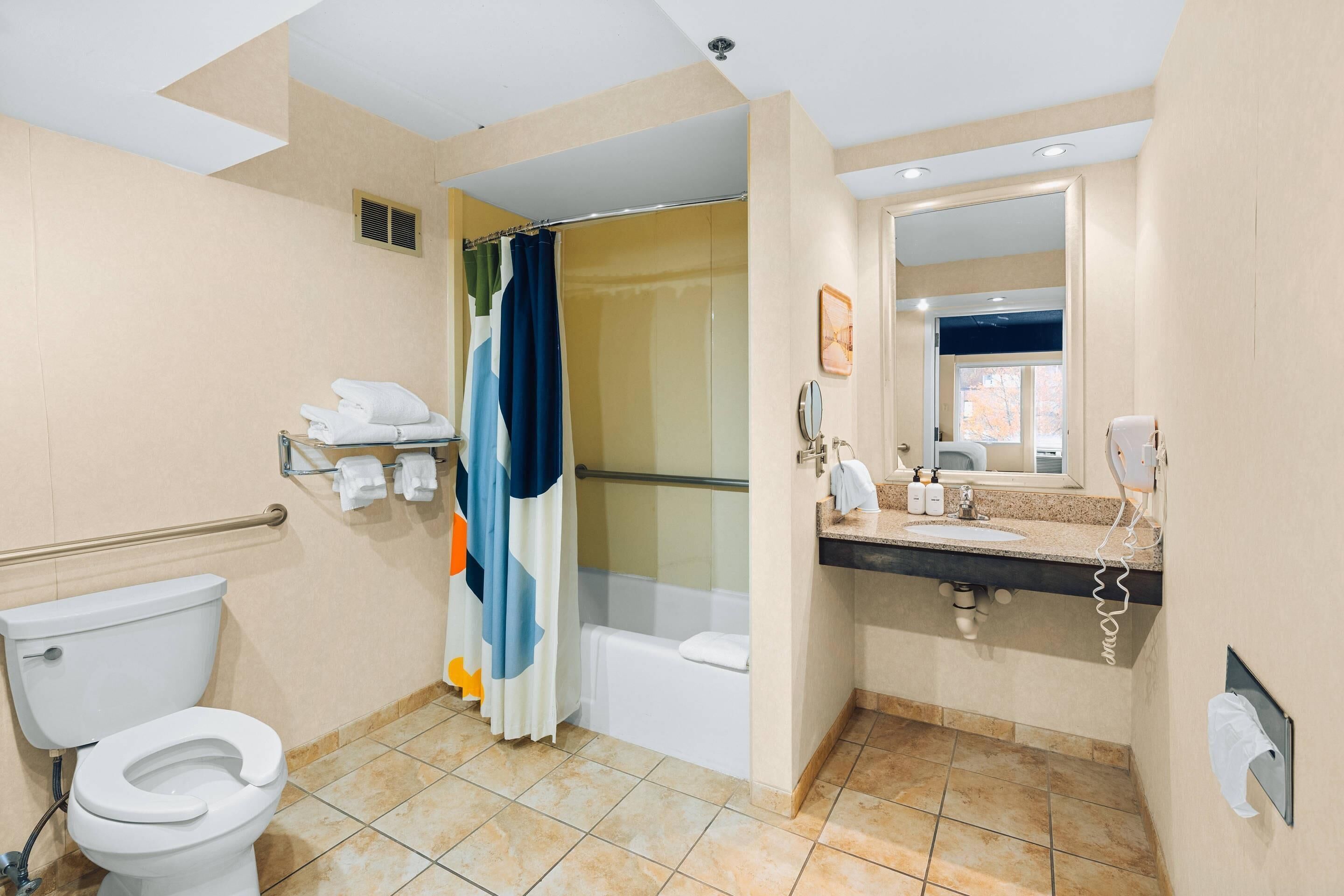 Een badkamer met toilet, douche, bad en wastafel.