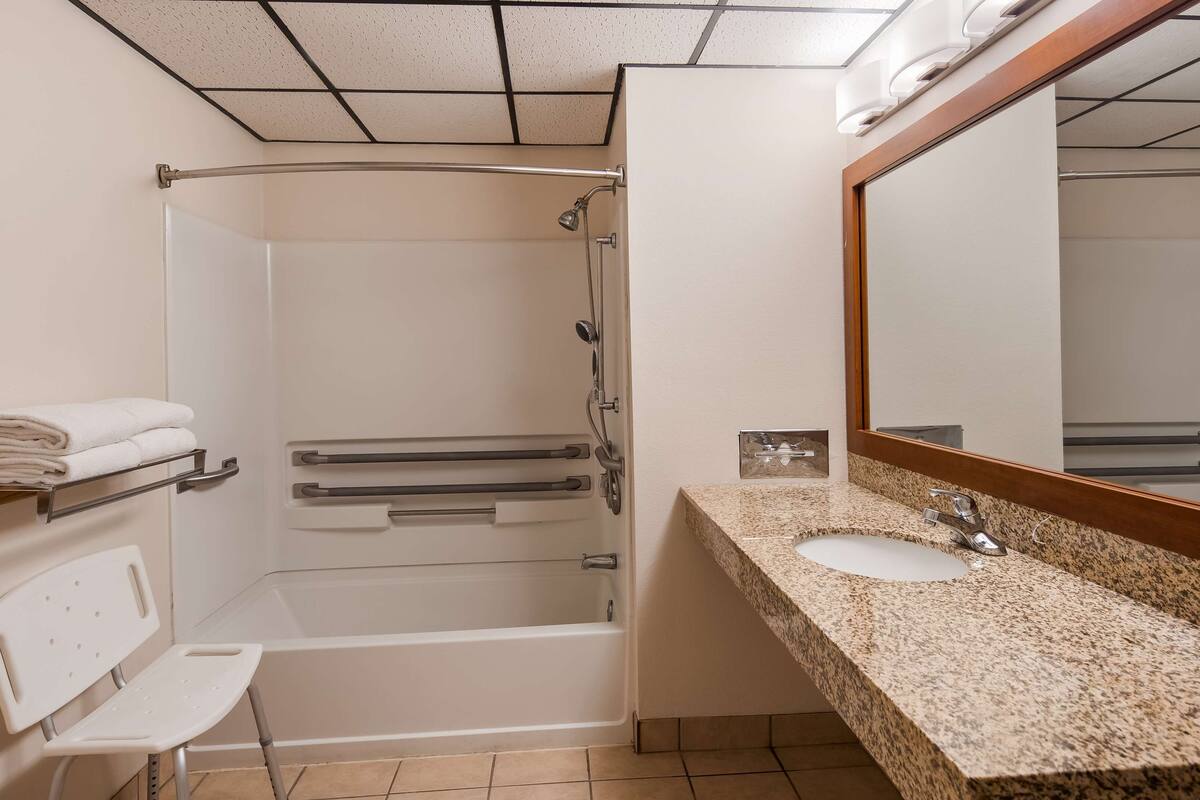 combined shower/bathtub, eco-friendly toiletries, hair dryer, towels