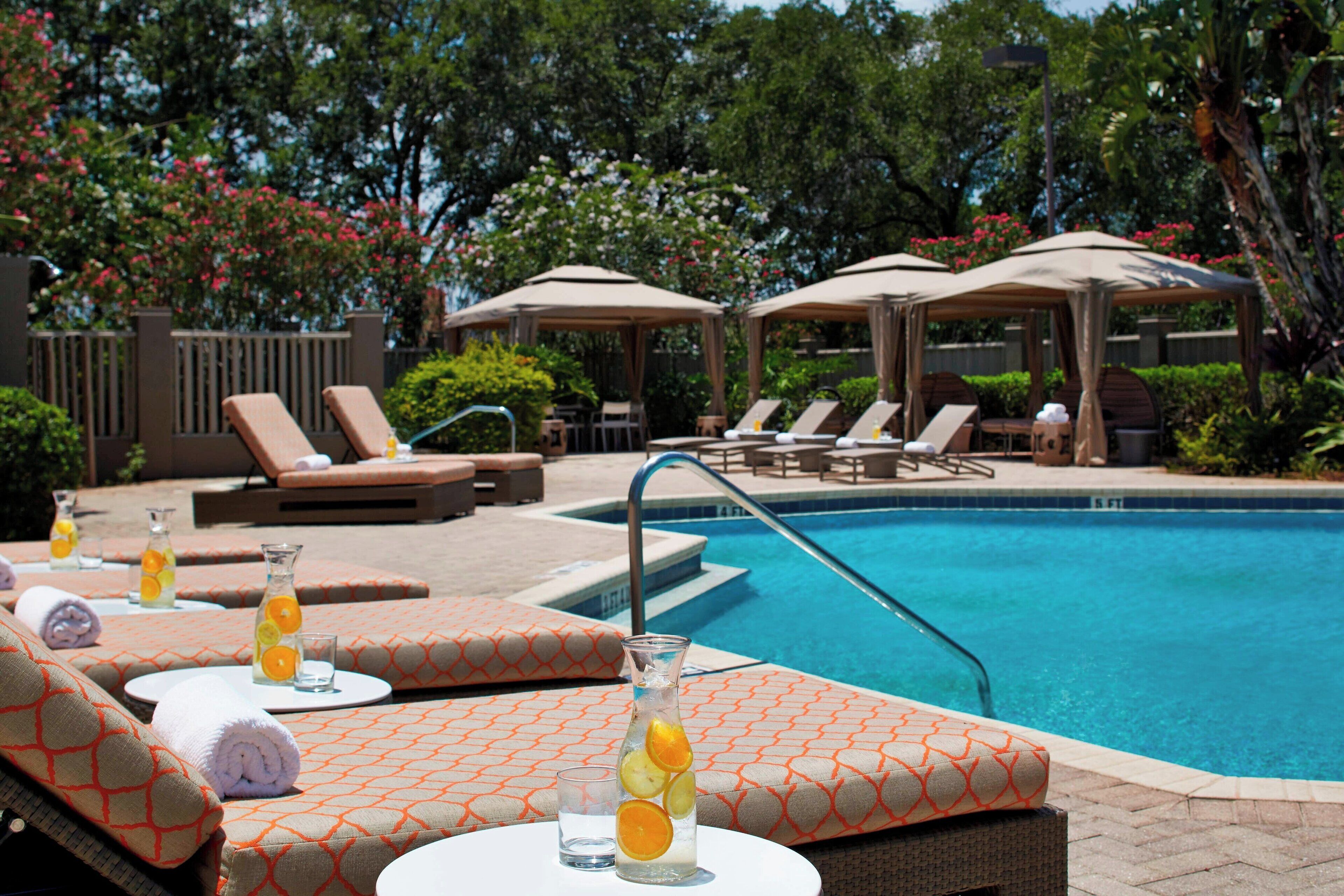 outdoor pool, open 6:00 am to 11:00 pm, free pool cabanas, pool loungers