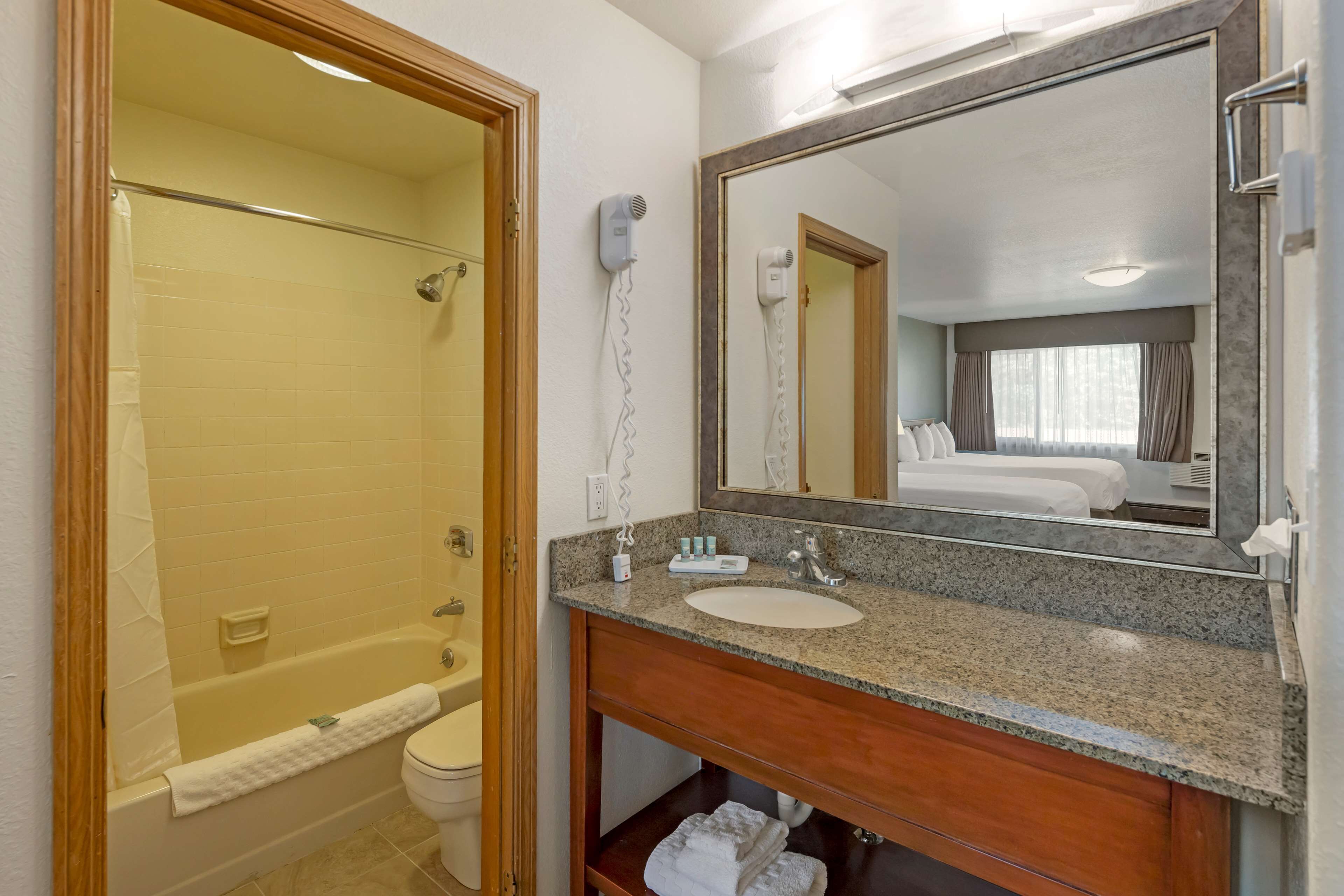 Un baño con bañera, inodoro, lavamanos y un espejo grande.