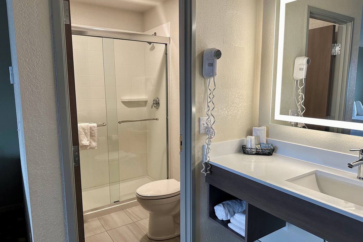 combined shower/bathtub, hair dryer, towels