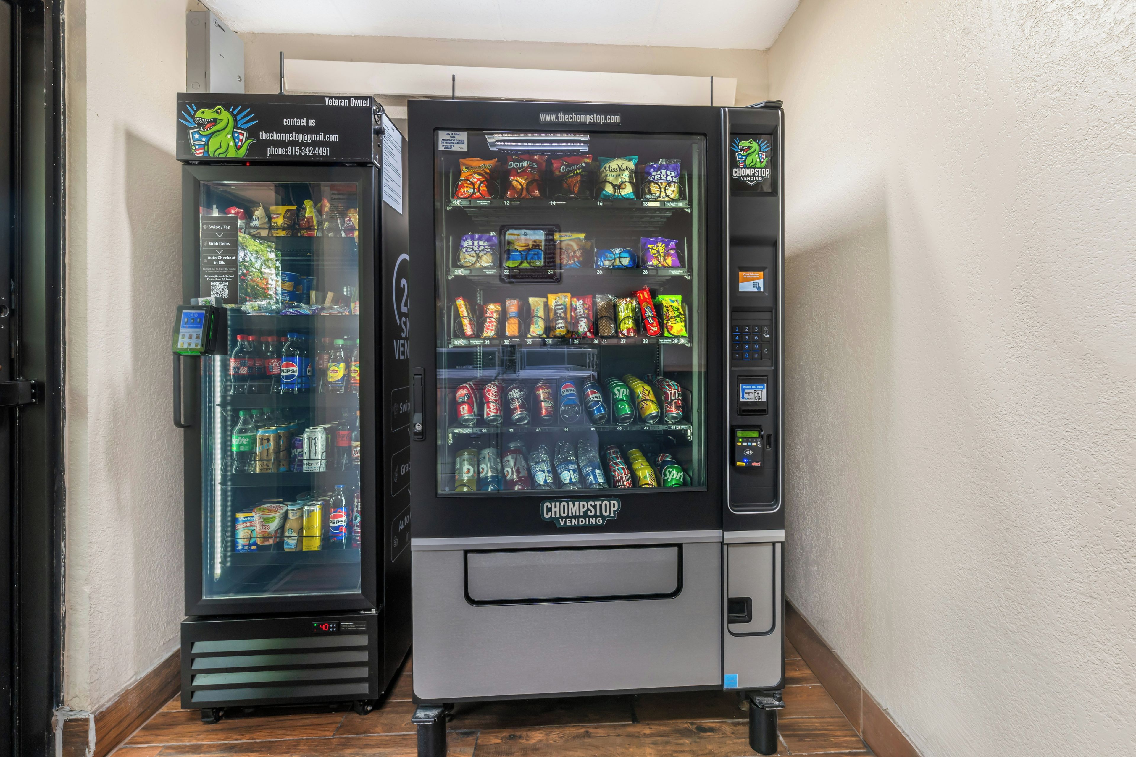 Two vending machines with a variety of snacks and drinks.