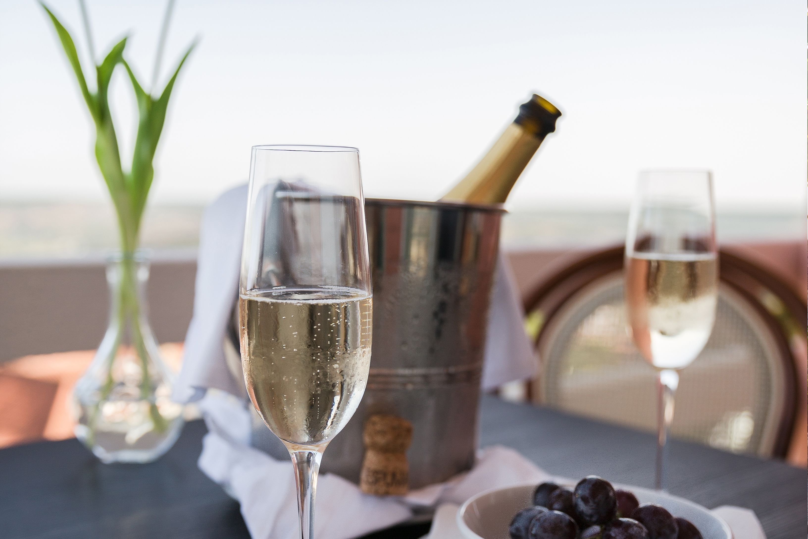 Un tavolo con due flute da champagne, una bottiglia di champagne, una ciotola di uva e un vaso con foglie verdi.