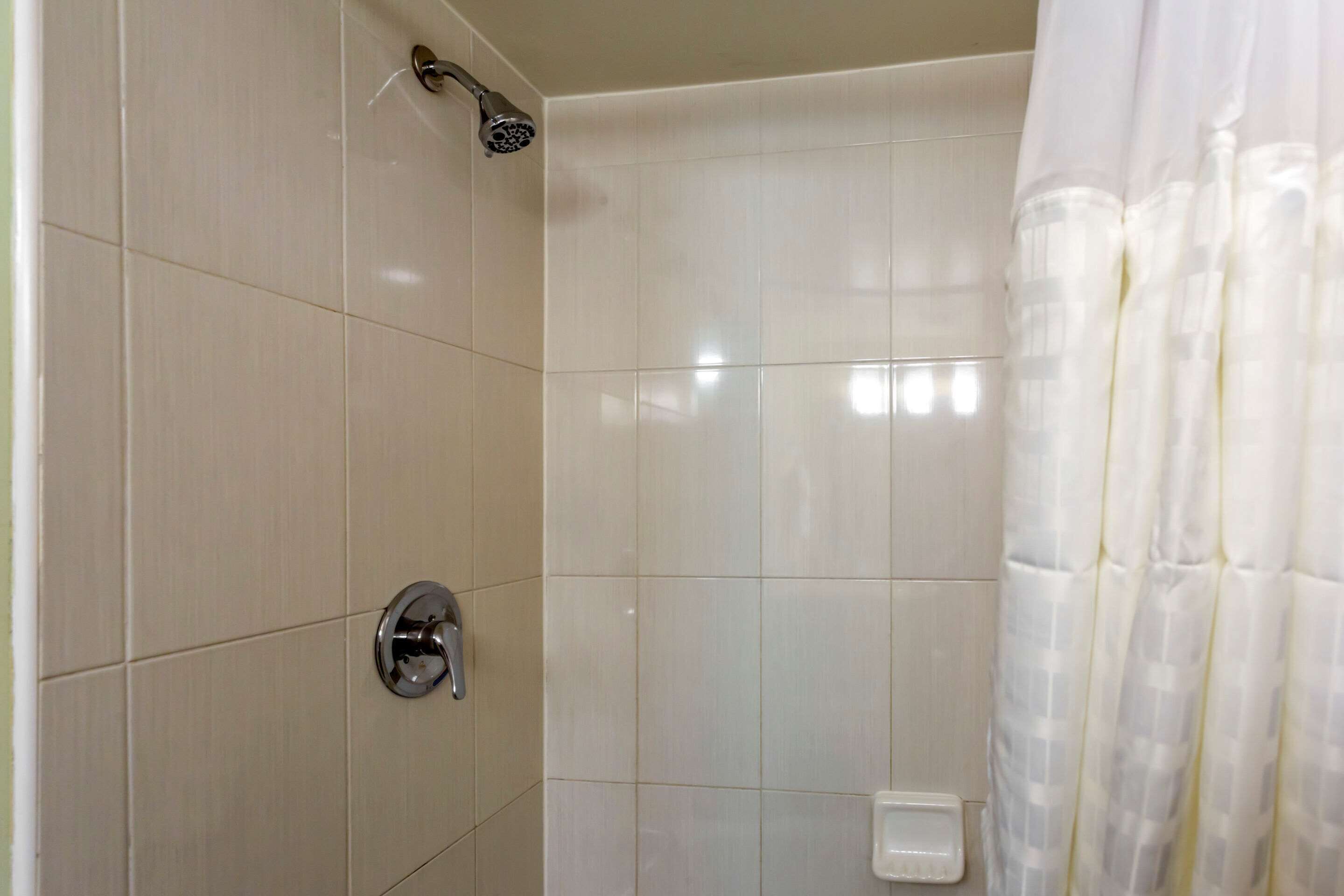 A shower area with tiled walls, a showerhead, a hand soap dispenser, and a curtain.