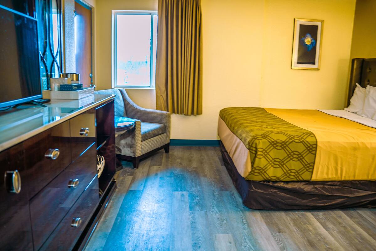 A hotel room with a bed, a chair, a dresser, a window with curtains, and a wall-mounted picture.