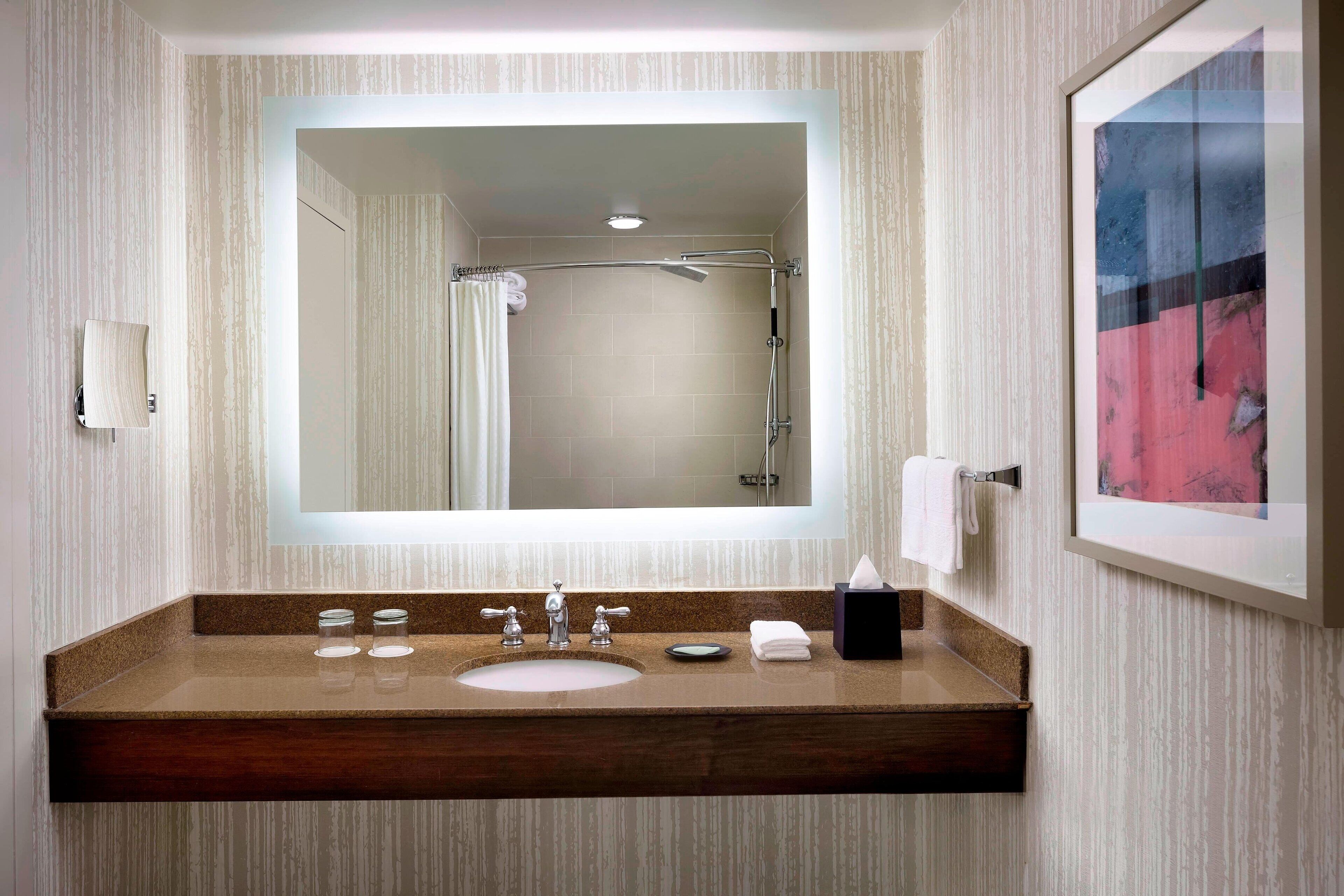 Une salle de bain avec un grand miroir, un lavabo à deux robinets, un distributeur de serviettes et un tableau encadré au mur.