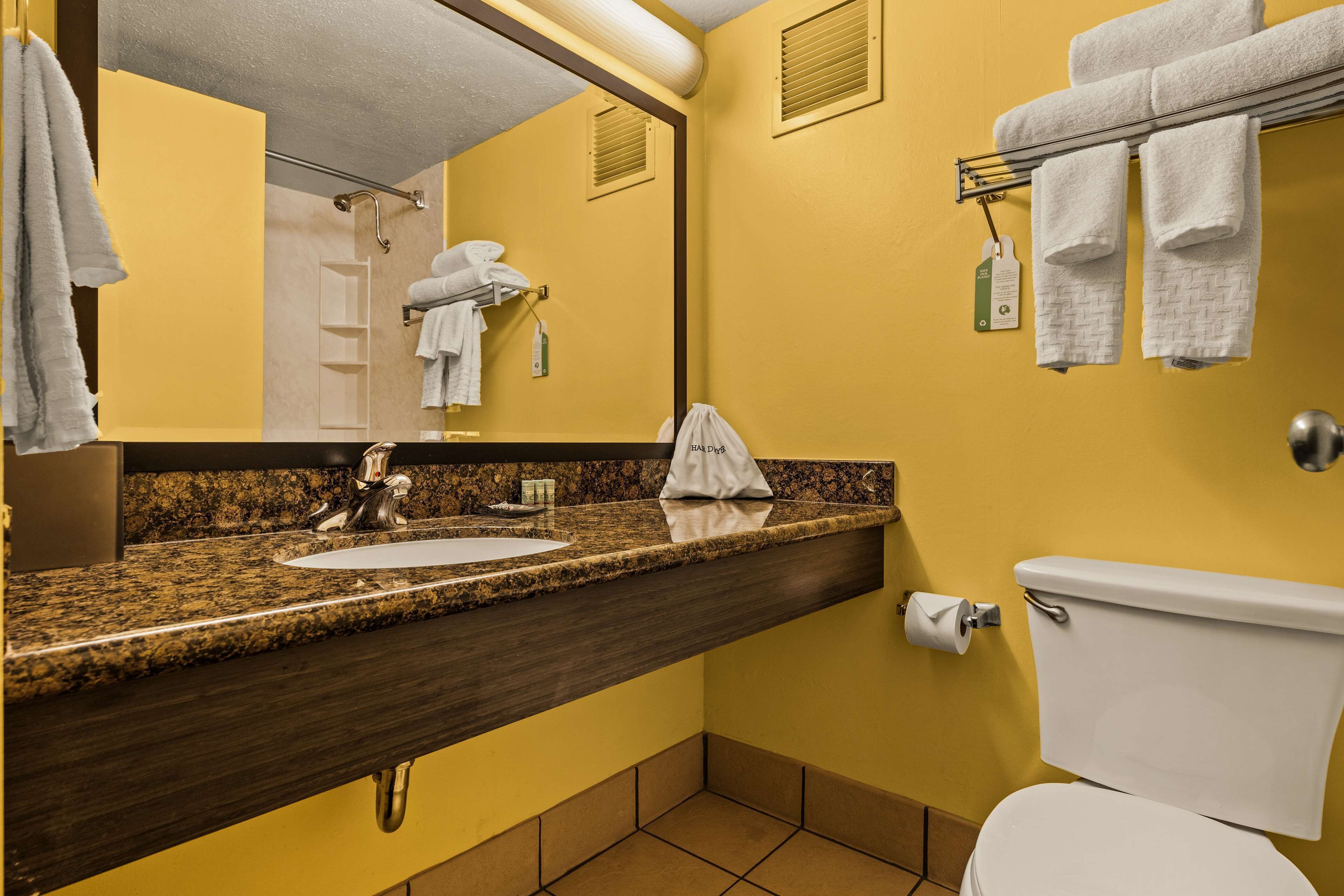 combined shower/bathtub, designer toiletries, hair dryer, towels