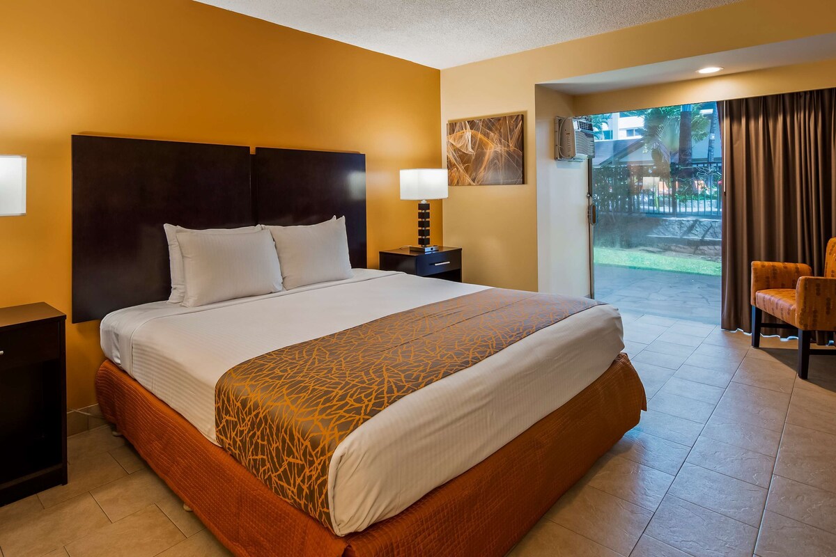 Habitación de hotel con una cama grande, dos mesitas de noche, un televisor y vistas al exterior.