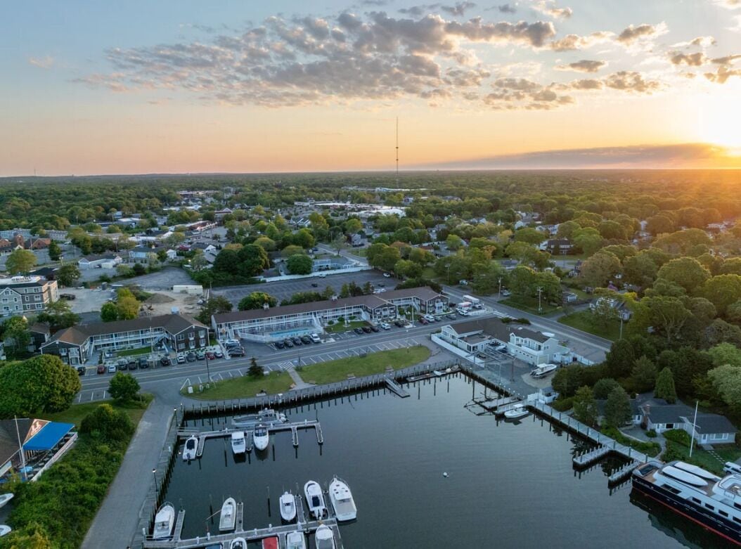 An aerial view of a marina with boats docked, surrounded by residential buildings and greenery.