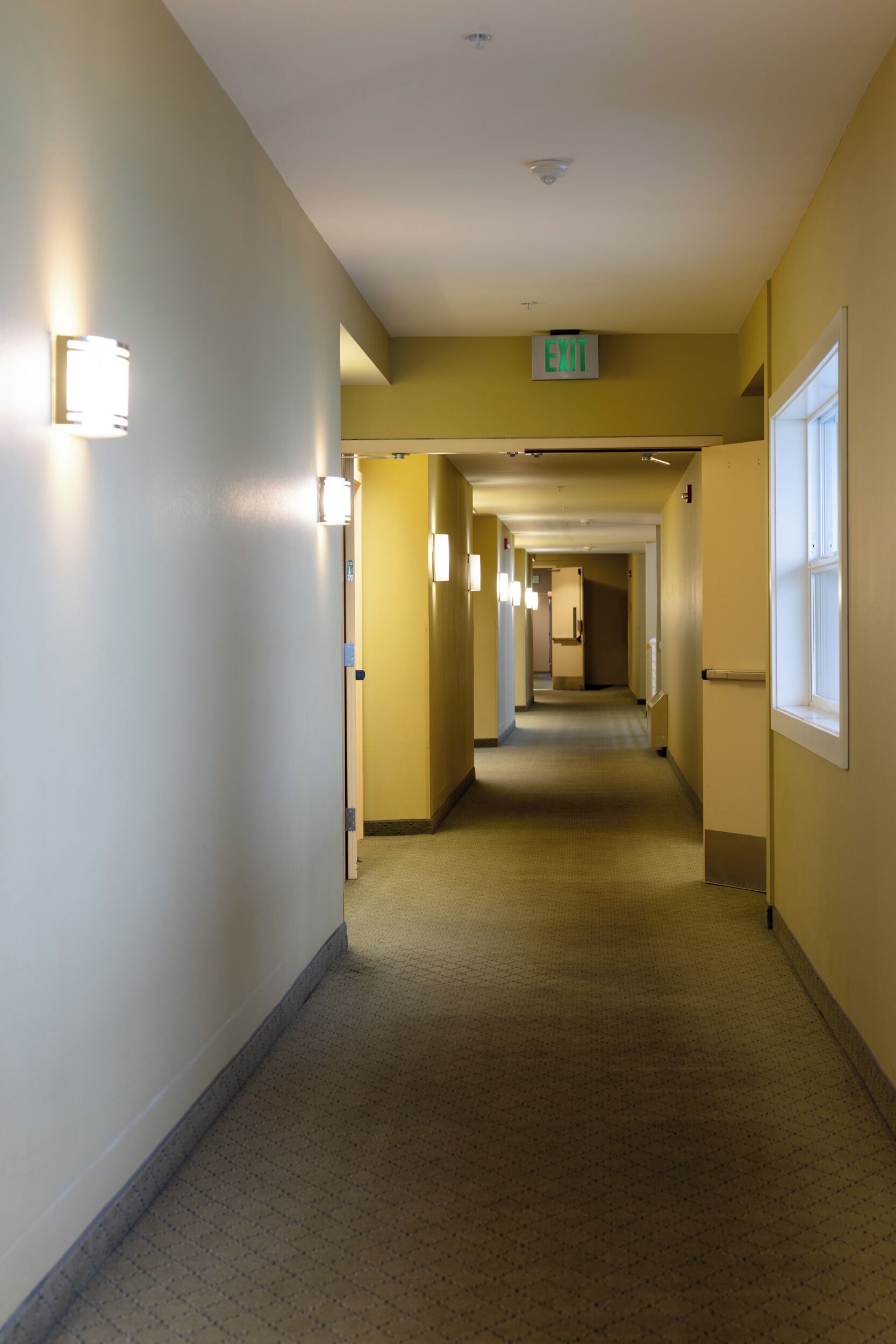 A hotel hallway with an exit sign, carpeted floors, and light fixtures.