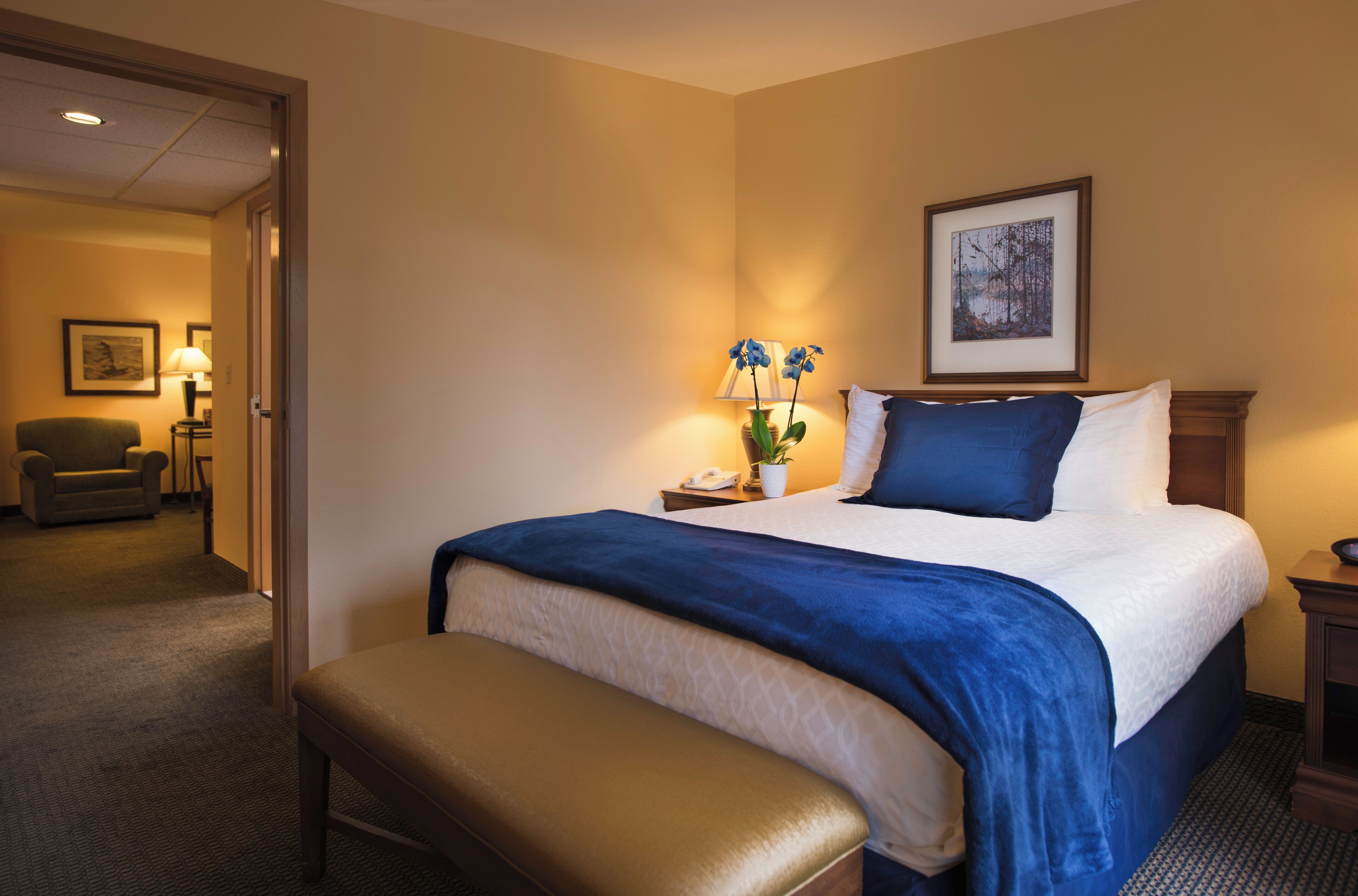 Une chambre d’hôtel avec un grand lit, une table de chevet avec une lampe, une chaise et une petite table sur laquelle est posé un vase de fleurs.