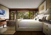 A modern bedroom with a large bed, a desk, and a view of lush greenery through large windows.