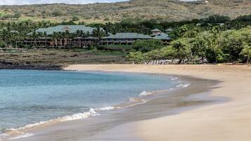 On the beach, sun-loungers, beach umbrellas, beach towels