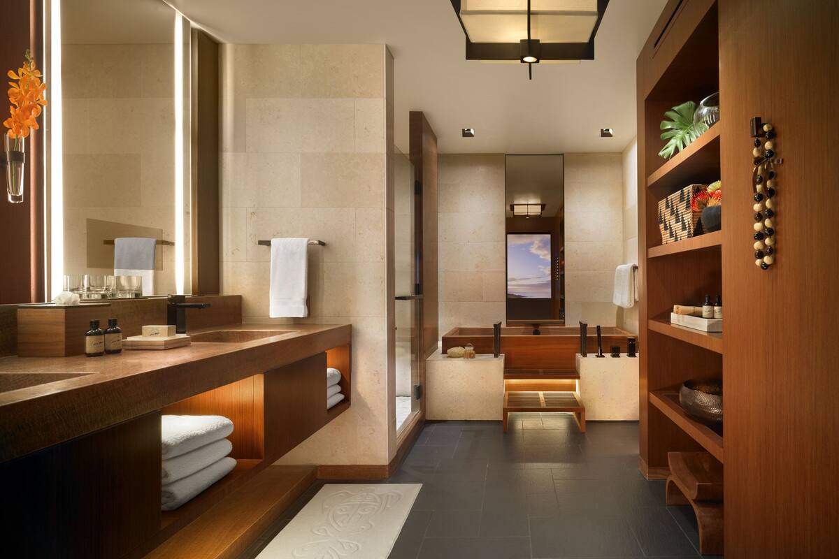 separate bathtub and shower, designer toiletries, hair dryer, bathrobes