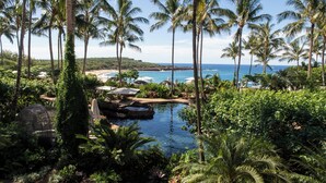 A tropical resort with a pool, palm trees, and a beach view. - Four Seasons Resort Lanai (Lanai City)