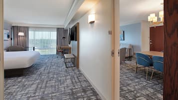 A hotel room with a large bed, a desk, a chair, a television, and a view of the outdoors.