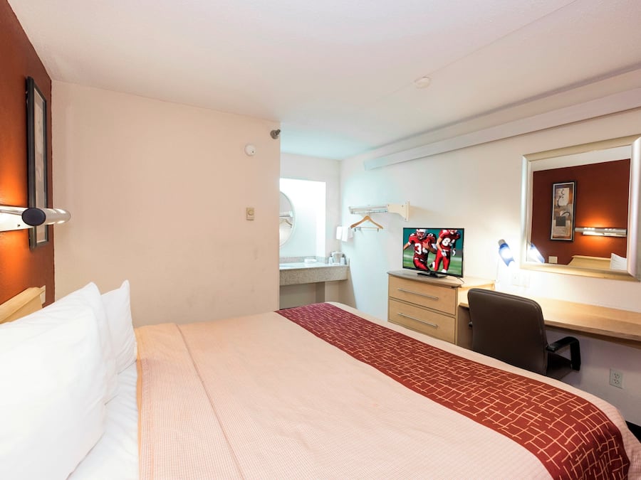Habitación de hotel con una cama, un escritorio, una silla, un televisor y un espejo.