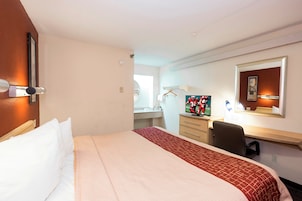 Habitación de hotel con una cama, un escritorio, una silla, un televisor y un espejo.