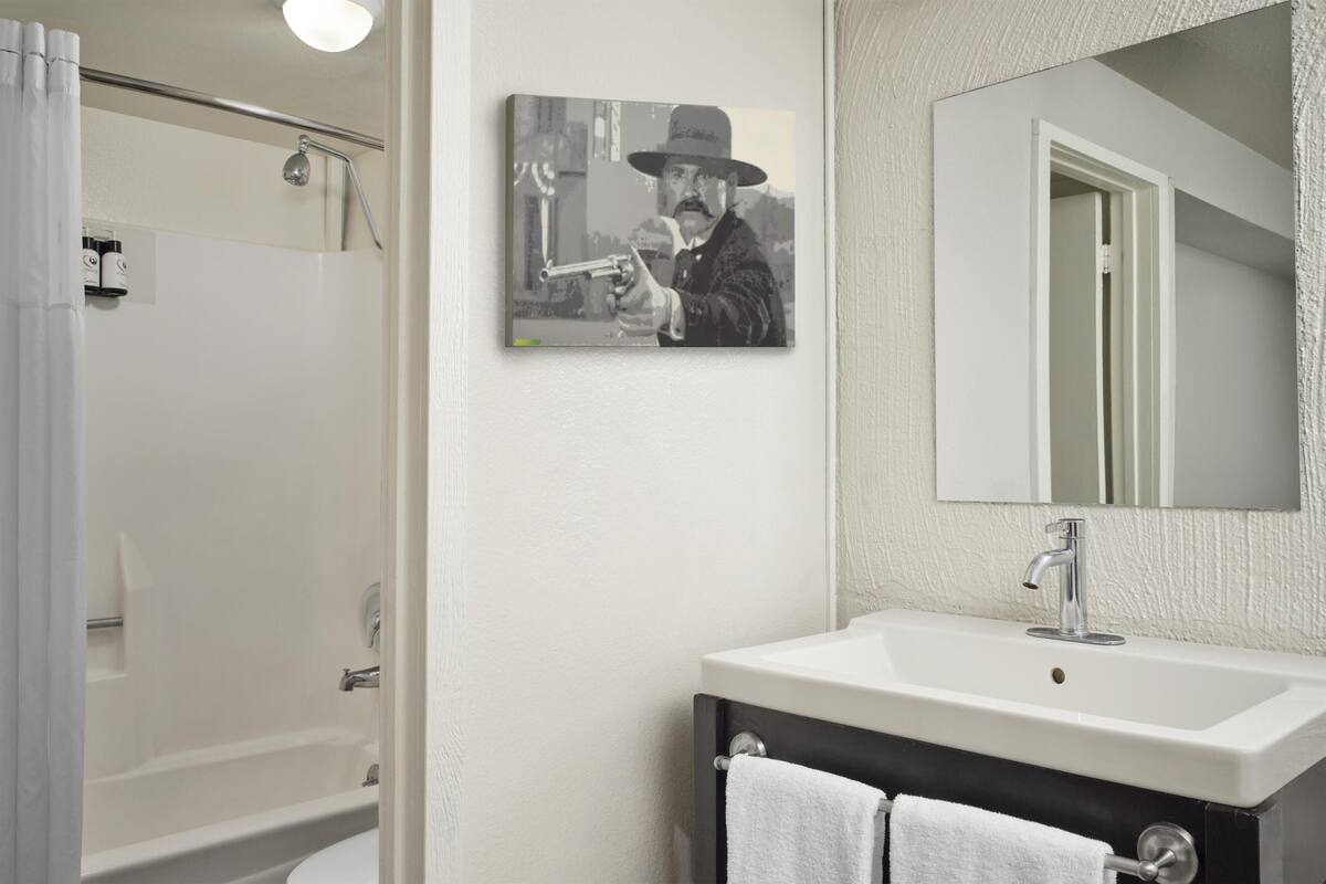 A bathroom with a shower, a sink, a mirror, and a framed picture on the wall.