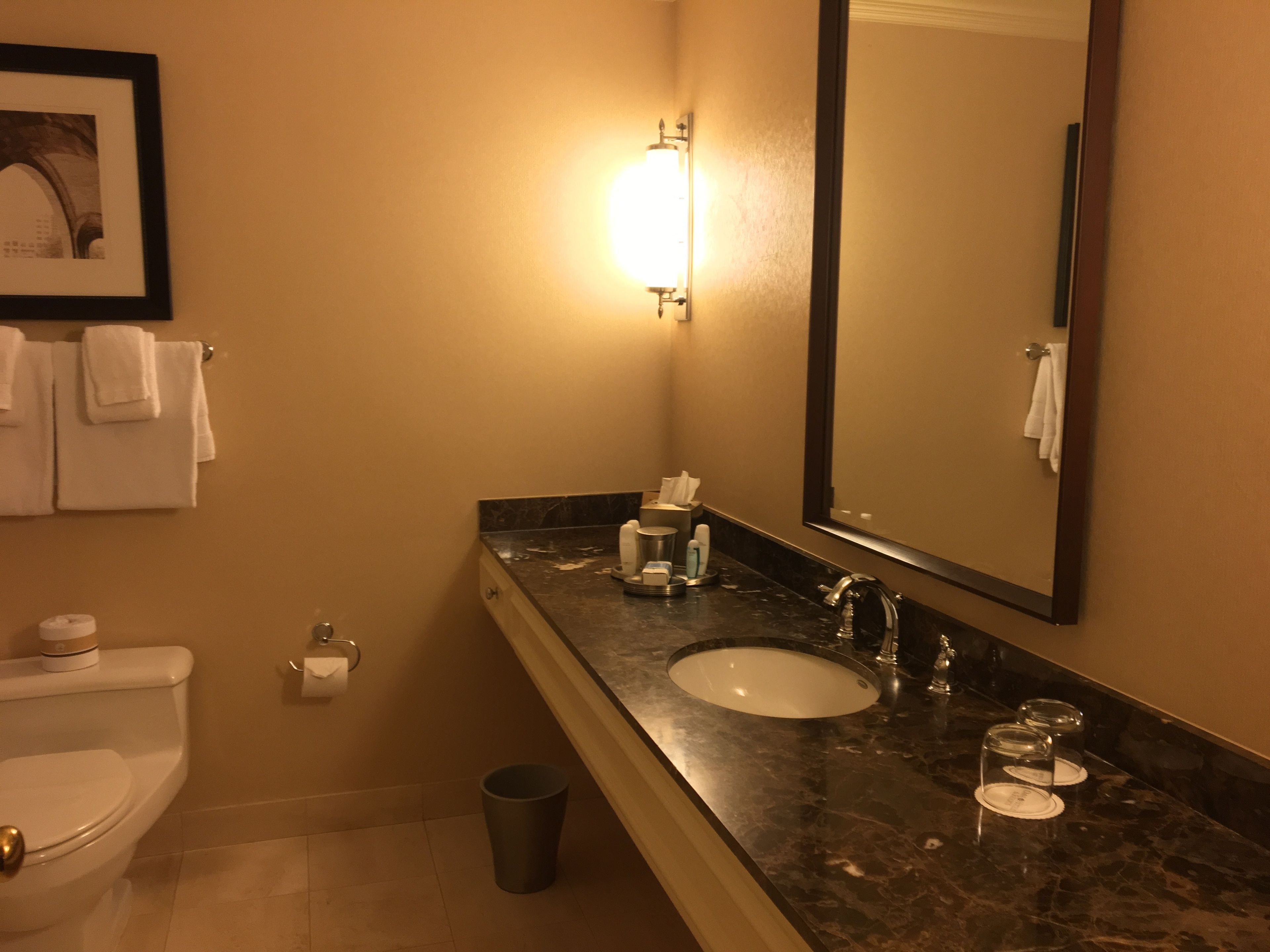 A bathroom with a toilet, sink, mirror, and a trash can.