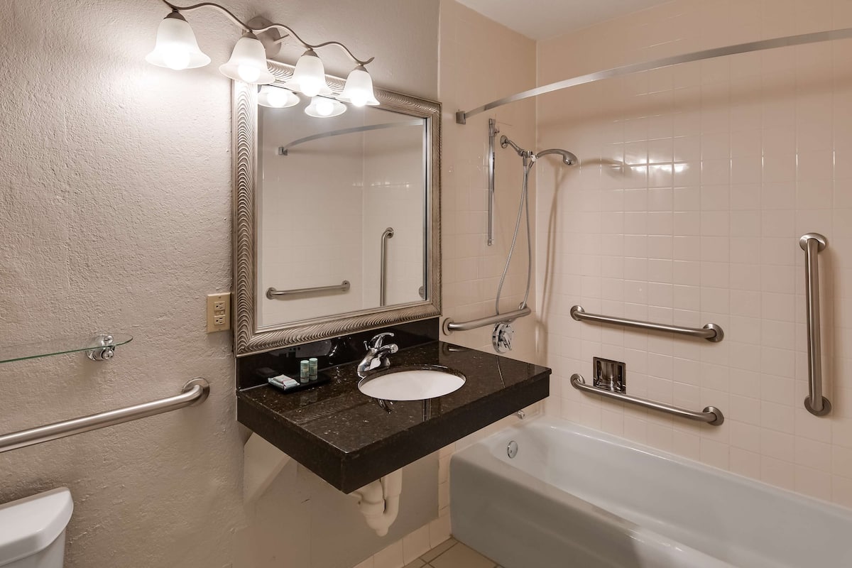 combined shower/bathtub, eco-friendly toiletries, hair dryer, towels