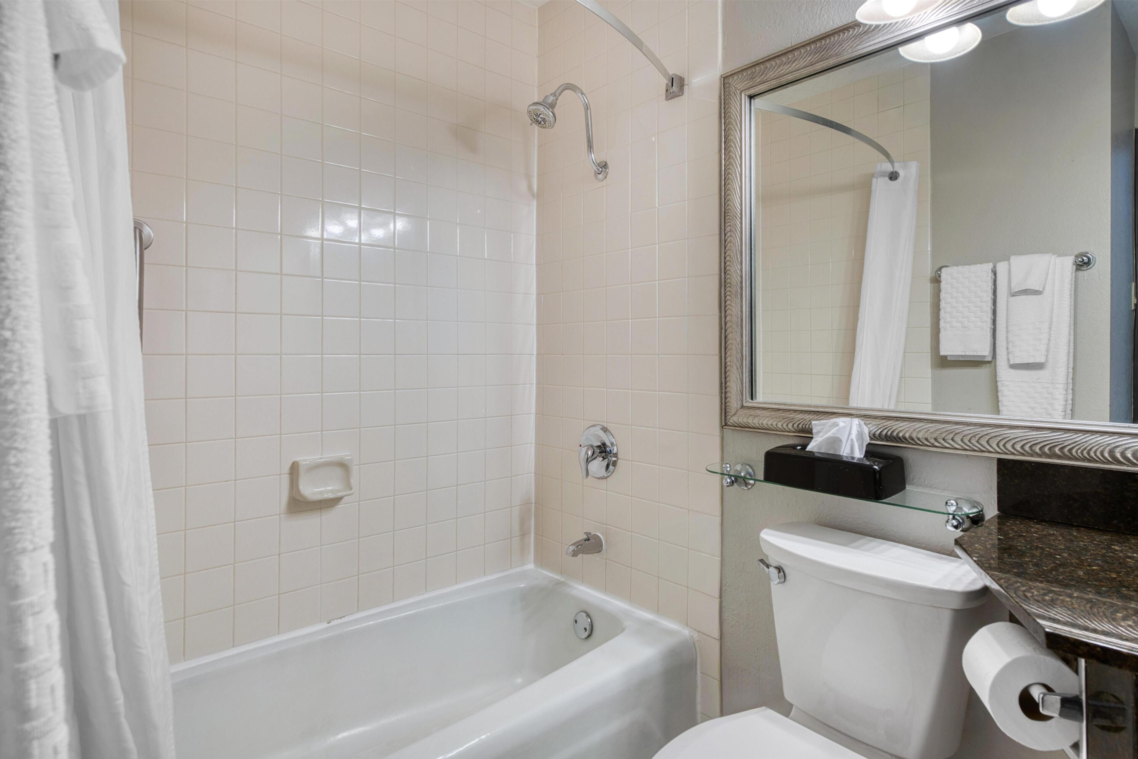 Un baño con bañera, inodoro y un espejo con iluminación.