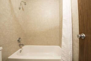 Combined shower/tub, eco-friendly toiletries, hair dryer, towels