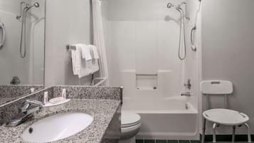 Combined shower/tub, eco-friendly toiletries, hair dryer, towels