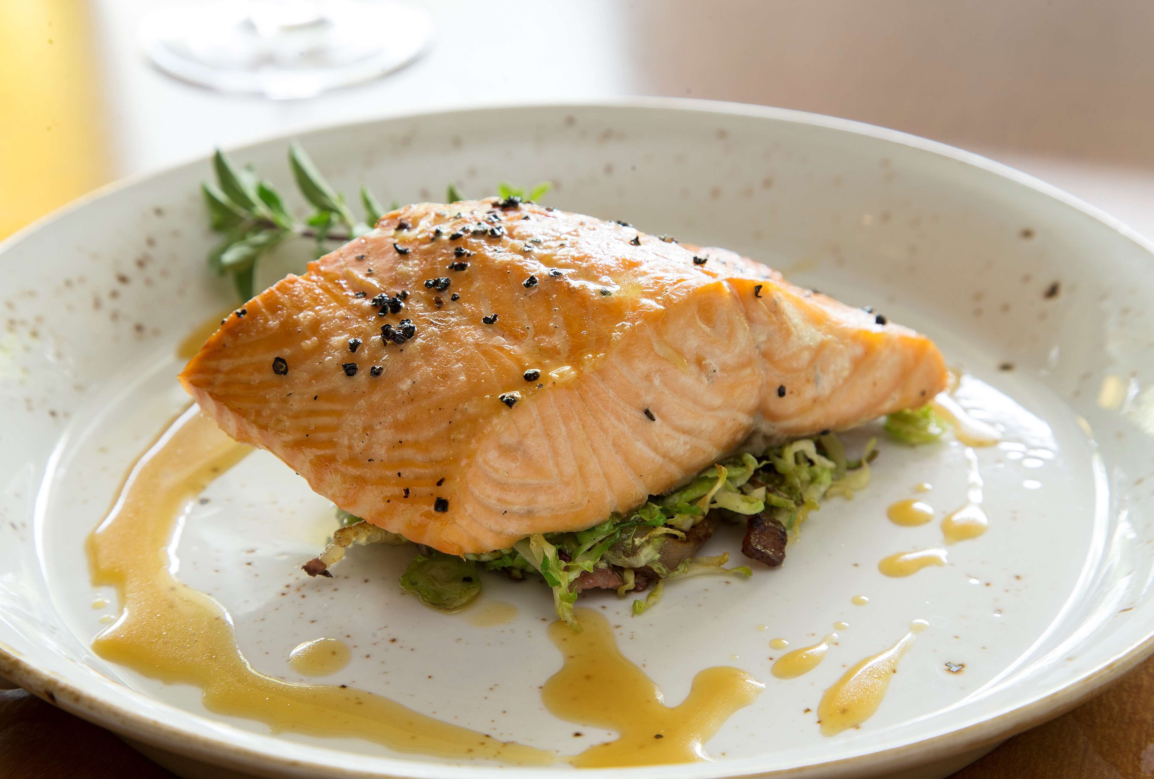 Ein Teller mit Lachs, Salat und Soße.