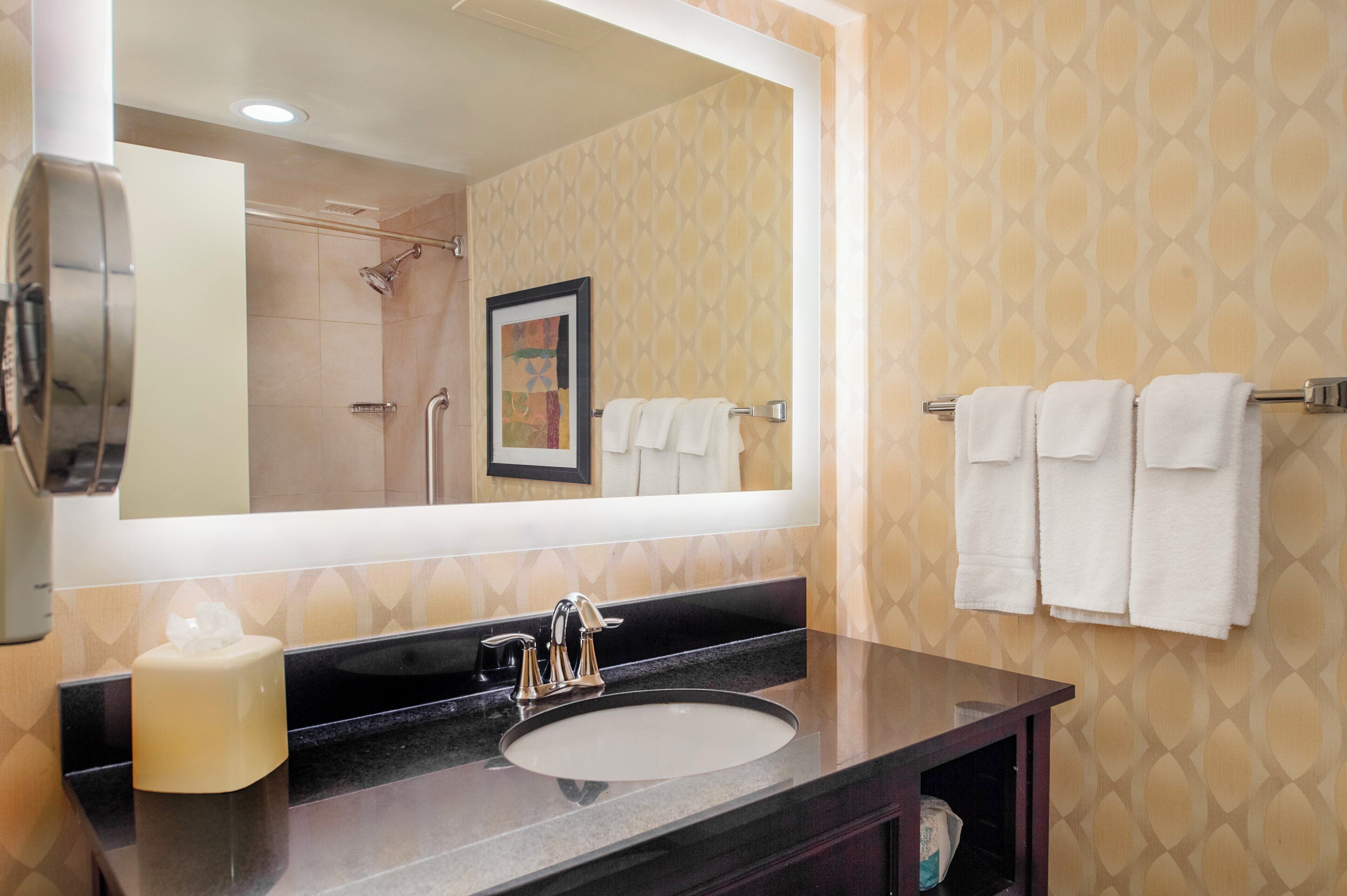 Une salle de bain avec un grand miroir, un lavabo et un porte-serviettes avec des serviettes.