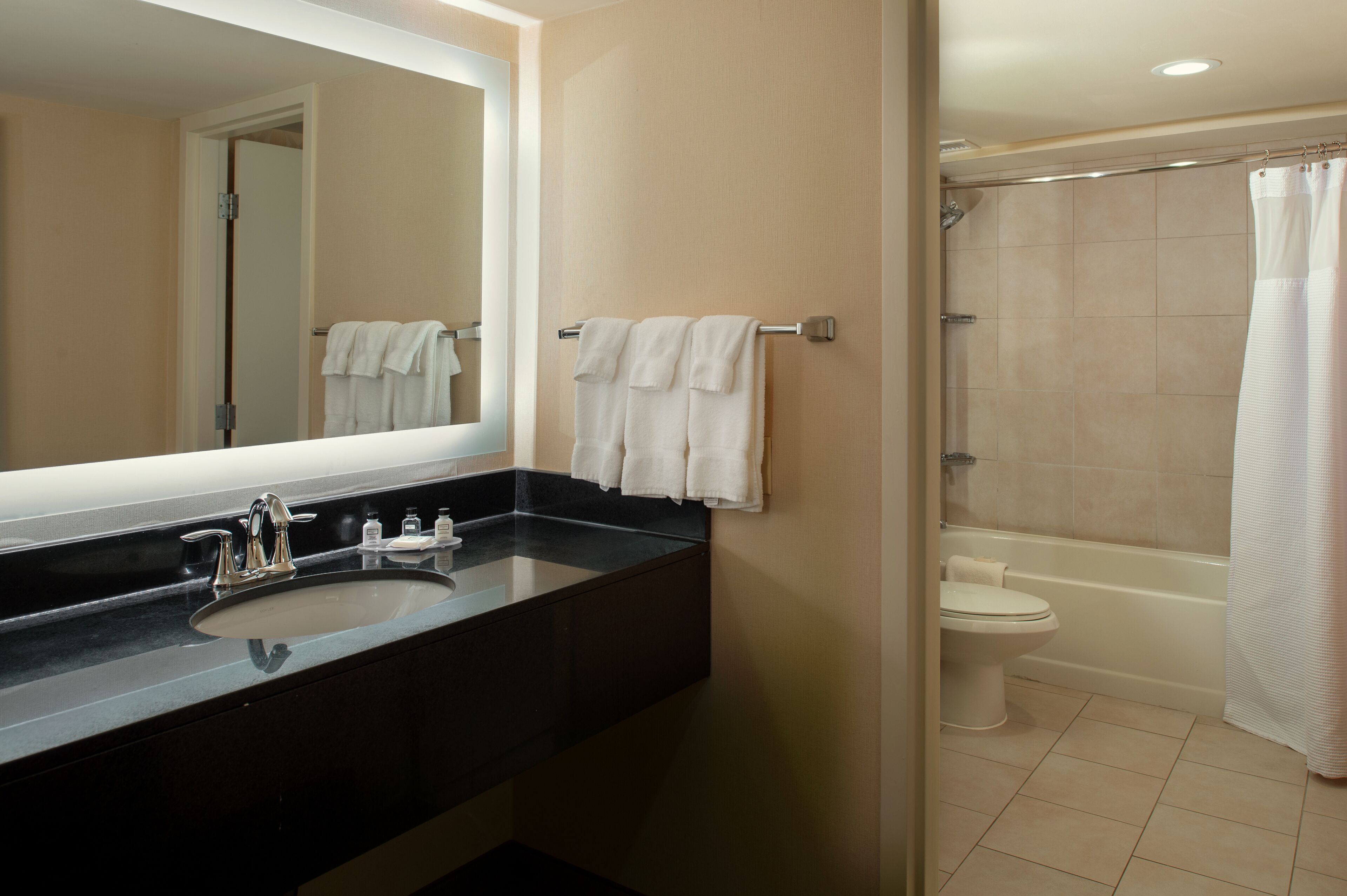 A bathroom with a black sink, a mirror, a toilet, and a shower.