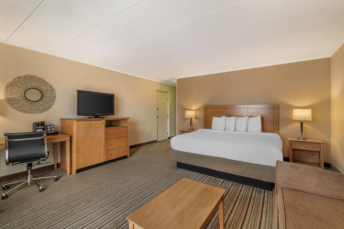 A hotel room with a bed, bedside tables, a desk with a chair, a television, and a wall-mounted decorative item.