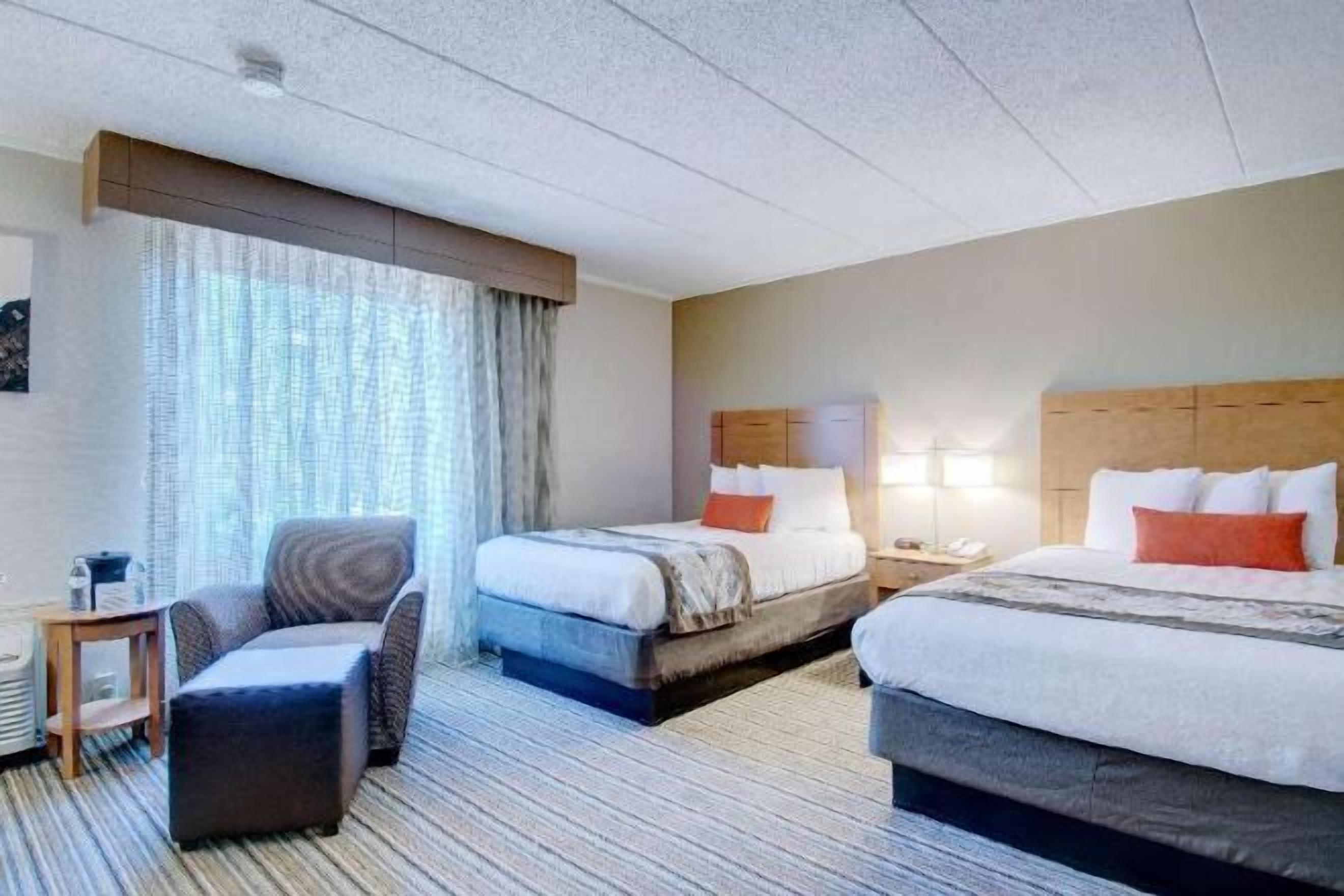 Desk, laptop workspace, blackout drapes, soundproofing