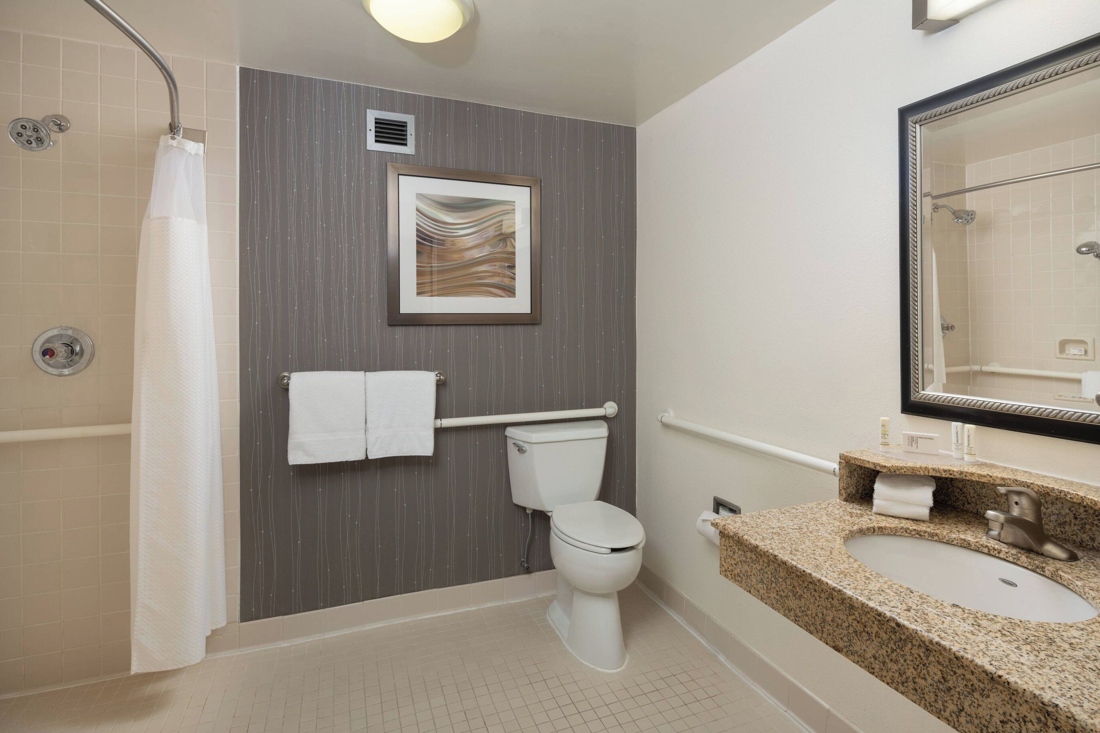 combined shower/bathtub, free toiletries, hair dryer, towels