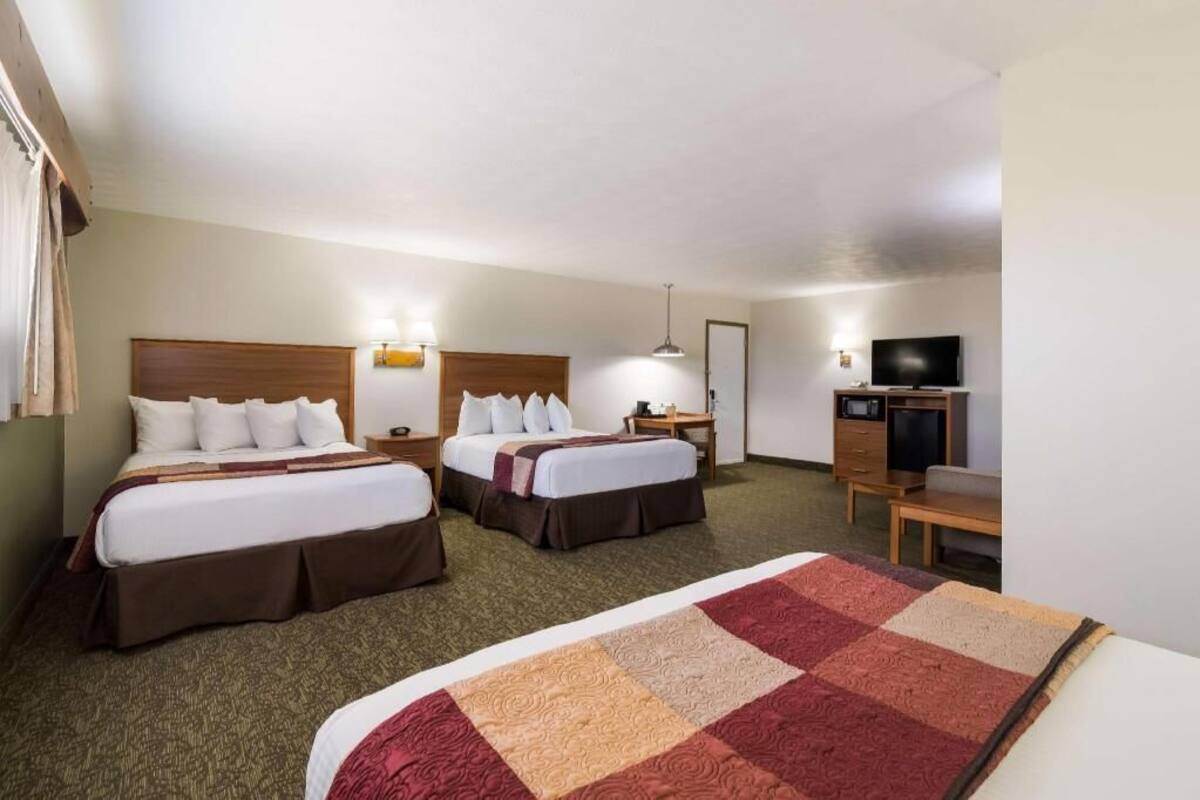 A hotel room with two beds, a television, a desk, and a chair.